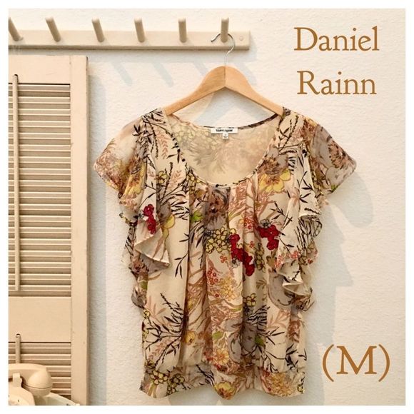 Daniel Rainn Semi Sheer Flowy Ruffle Sleeve Floral Top, lined, M GUC - Picture 1 of 8
